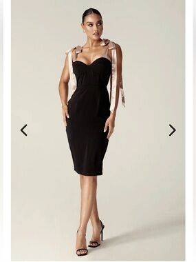Black Satin-Tie Midi Sheath Dress